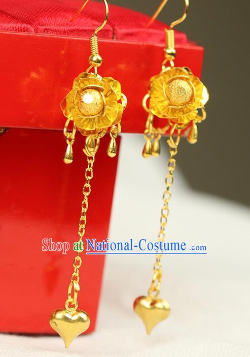 Chinese Ancient Style Hair Jewelry Accessories Wedding Golden Tassel Earrings, Hanfu Xiuhe Suits Bride Handmade Eardrop for Women