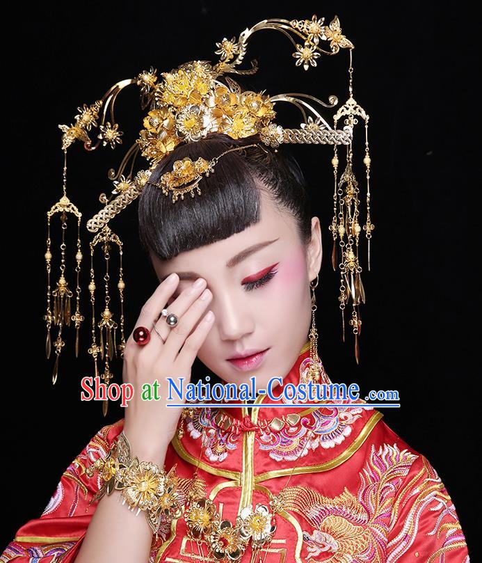 Asian Chinese Ancient Style Hair Jewelry Accessories Wedding Headwear, Hanfu Xiuhe Suits Bride Handmade Tassel Phoenix Coronet Hair Fascinators Complete Set for Women