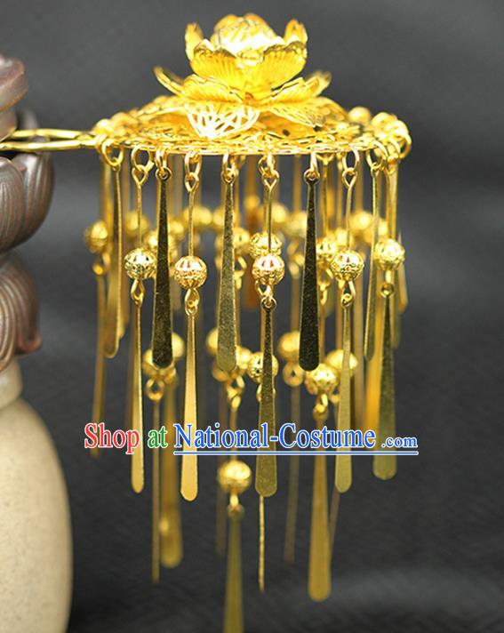 Asian Chinese Ancient Style Hair Jewelry Accessories Wedding Tassel Hairpins, Lotus Step Shake Hanfu Xiuhe Suits Bride Handmade Hair Sticks for Women