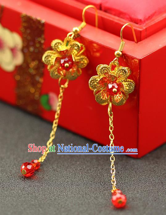 Chinese Ancient Style Hair Jewelry Accessories Wedding Golden Tassel Lotus Earrings, Hanfu Xiuhe Suits Bride Handmade Red Bead Eardrop for Women