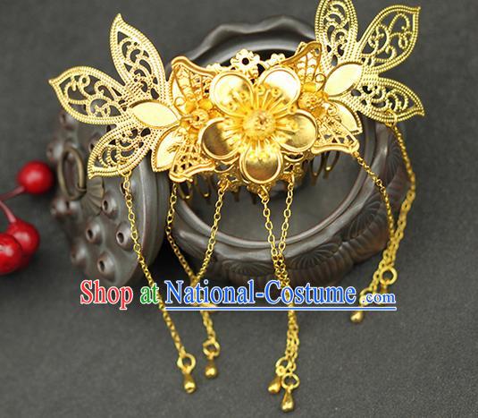 Asian Chinese Ancient Style Hair Jewelry Accessories Wedding Tassel Golden Hair Comb, Step Shake Hanfu Xiuhe Suits Bride Handmade Hair Sticks for Women