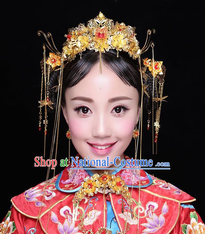 Asian Chinese Ancient Style Hair Jewelry Accessories Wedding Tassel Golden Phoenix Coronet, Step Shake Hanfu Xiuhe Suits Bride Handmade Hairpins Complete Set for Women