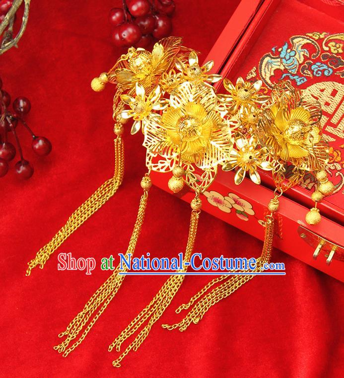 Asian Chinese Ancient Style Hair Jewelry Accessories Wedding Tassel Hairpin, Step Shake Hanfu Xiuhe Suits Bride Handmade Hair Comb for Women