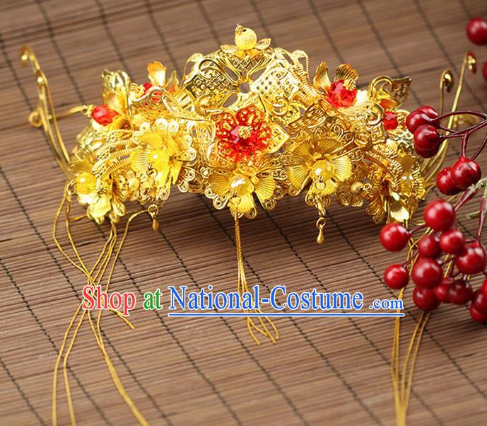 Asian Chinese Ancient Style Hair Jewelry Accessories Wedding Tassel Hairpin, Step Shake Hanfu Xiuhe Suits Bride Handmade Phoenix Crown for Women