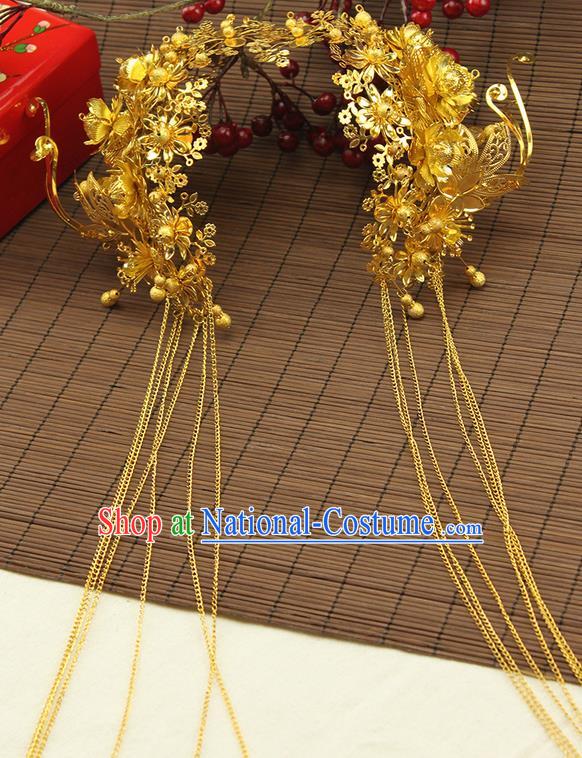 Asian Chinese Ancient Style Hair Jewelry Accessories Wedding Tassel Golden Hair Clasp, Step Shake Hanfu Xiuhe Suits Bride Handmade Phoenix Crown for Women