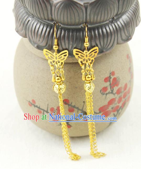 Chinese Ancient Style Hair Jewelry Accessories Wedding Golden Butterfly Earrings, Hanfu Xiuhe Suits Bride Handmade Eardrop for Women