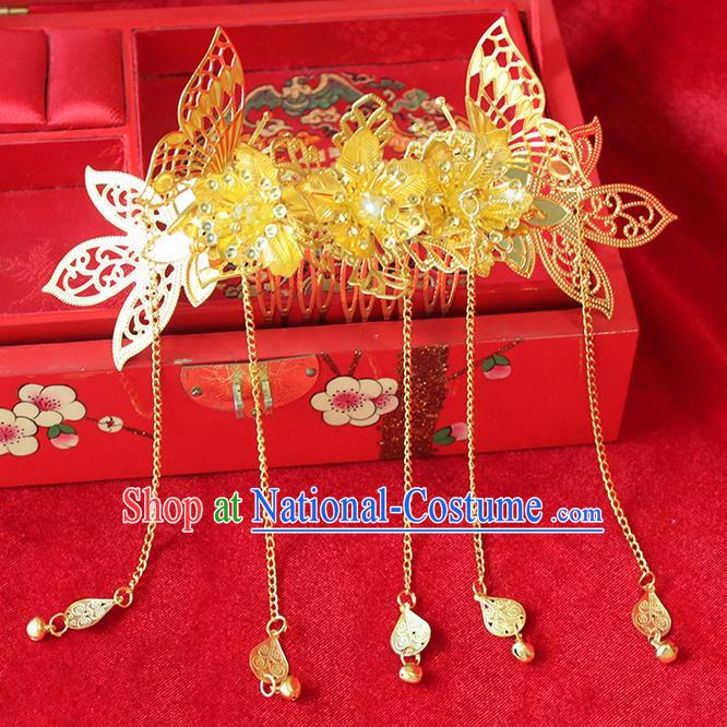 Asian Chinese Ancient Style Hair Jewelry Accessories Wedding Tassel Golden Frontlet, Step Shake Hanfu Xiuhe Suits Bride Handmade Hair Comb for Women