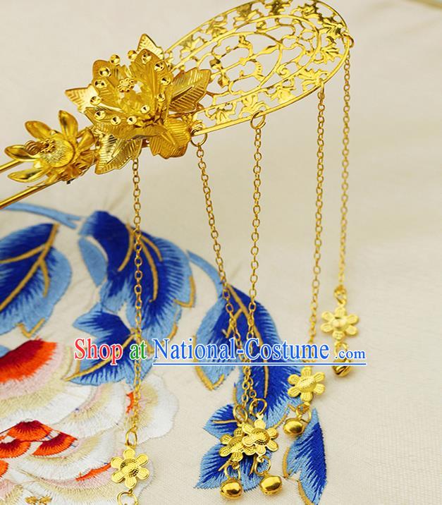 Asian Chinese Ancient Style Hair Jewelry Accessories Wedding Tassel Golden Step Shake , Hanfu Xiuhe Suits Bride Handmade Hairpins for Women