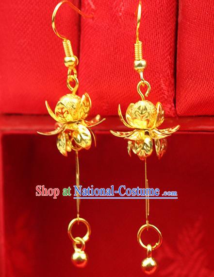 Chinese Ancient Style Hair Jewelry Accessories Wedding Golden Tassel Lotus Earrings, Hanfu Xiuhe Suits Bride Handmade Bead Eardrop for Women