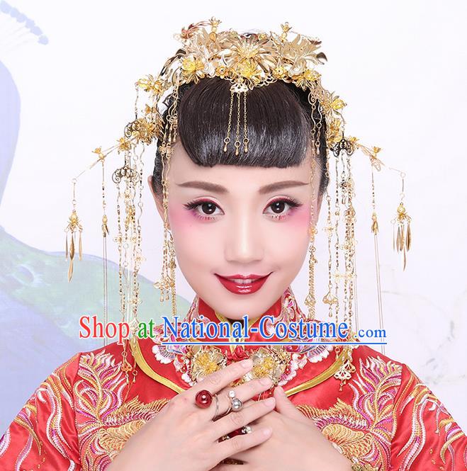 Chinese Ancient Style Hair Jewelry Accessories Wedding Luxury Tassel Hairpins, Hanfu Xiuhe Suits Step Shake Bride Handmade Phoenix Coronet Complete Set for Women