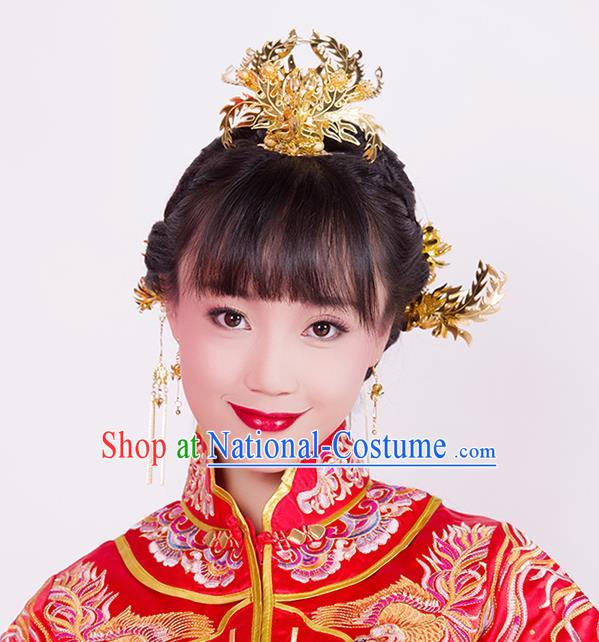 Chinese Ancient Style Hair Jewelry Accessories Wedding Tassel Hair Stick, Hanfu Xiuhe Suits Bride Handmade Hairpins Complete Set for Women