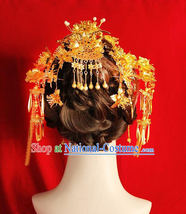 Chinese Ancient Style Hair Jewelry Accessories Wedding Tassel Hairpins Complete Set, Hanfu Xiuhe Suits Step Shake Bride Tuinga Handmade Phoenix Coronet for Women