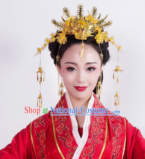 Chinese Ancient Style Hair Jewelry Accessories Wedding Golden Phoenix Coronet Complete Set, Hanfu Xiuhe Suits Step Shake Bride Handmade Hairpins for Women