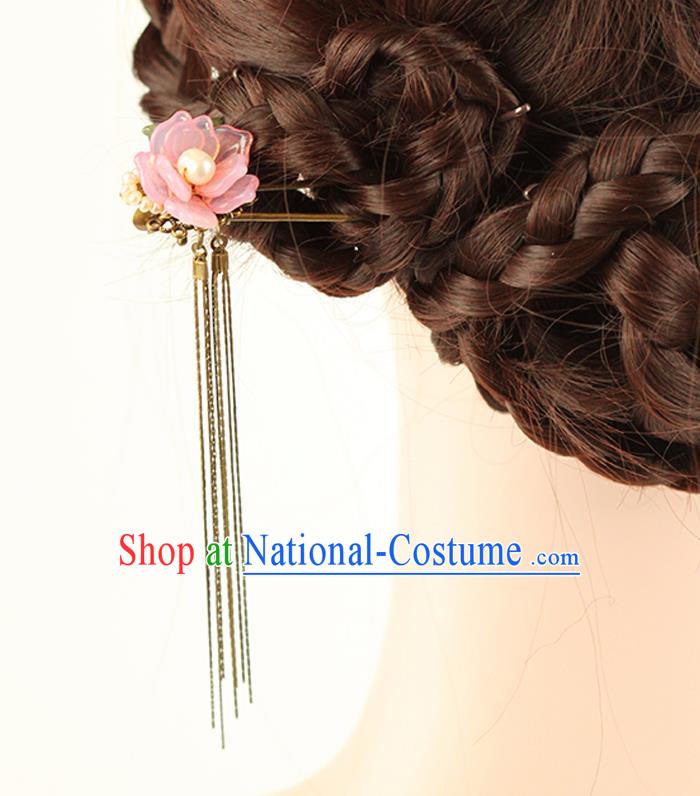 Chinese Ancient Style Hair Jewelry Accessories Wedding Pink Flower Hair Stick, Hanfu Xiuhe Suits Step Shake Bride Handmade Hairpins for Women