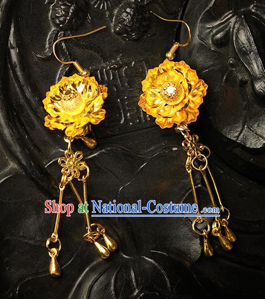 Chinese Ancient Style Hair Jewelry Accessories Wedding Imperial Consort Flower Earrings, Hanfu Xiuhe Suits Bride Handmade Golden Eardrop for Women