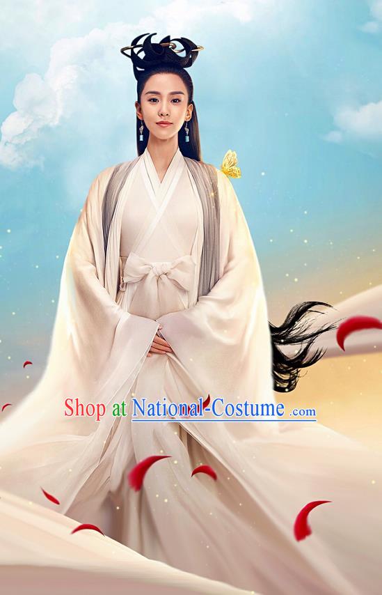 Asian Chinese Traditional Ancient Saintess Costume and Headpiece Complete Set, Lost Love In Times China Northern and Southern Dynasties Fairy Swordswoman Dress Clothing