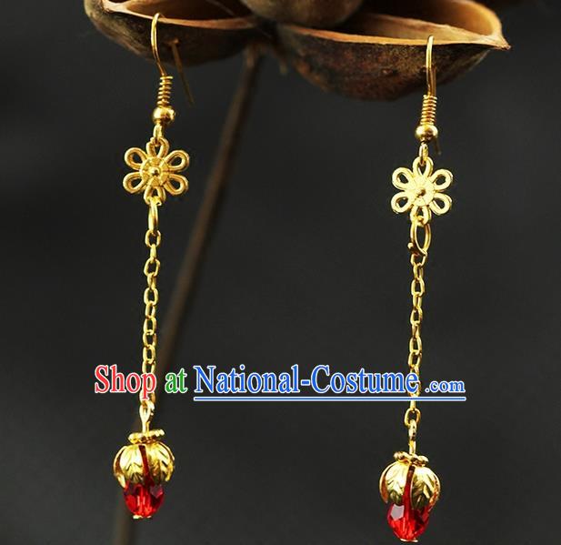 Chinese Ancient Style Hair Jewelry Accessories Wedding Imperial Consort Red Bead Earrings, Hanfu Xiuhe Suits Bride Handmade Golden Eardrop for Women