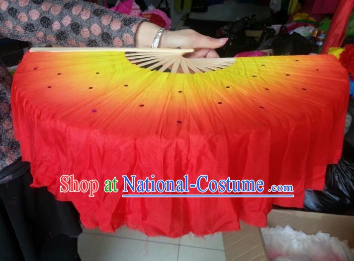 Pure Silk Traditional Chinese Fans Oriental Orange Ribbon Fan Folk Dance Cultural Yanko Dance Hand Fan