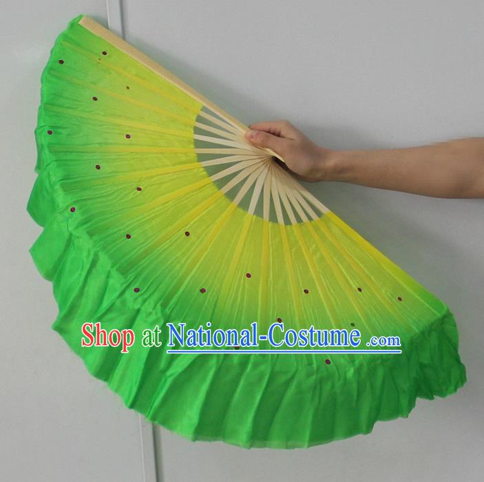 Pure Silk Traditional Chinese Fans Oriental Green Ribbon Fan Folk Dance Cultural Yanko Dance Hand Fan