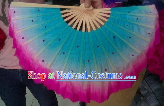 Pure Silk Traditional Chinese Fans Oriental Gradient Blue Ribbon Fan Folk Dance Cultural Yanko Dance Hand Fan