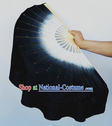 Pure Silk Traditional Chinese Fans Oriental Black Ribbon Fan Folk Dance Cultural Yanko Dance Hand Fan