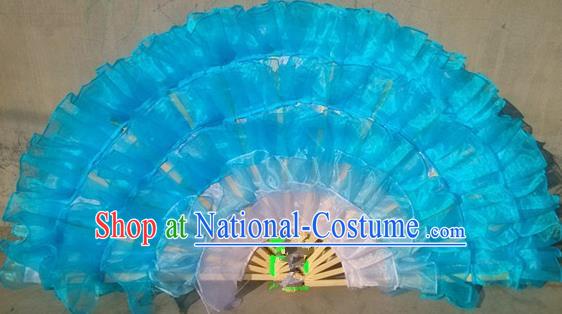 Pure Silk Traditional Chinese Fans Oriental Blue Ribbon Fan Folk Dance Cultural Yanko Dance Hand Fan