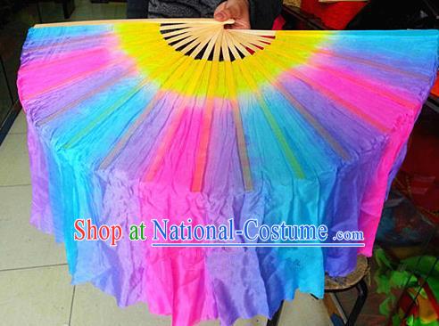 Pure Silk Traditional Chinese Fans Oriental Colorful Ribbon Folding Fan Folk Dance Cultural Yangko Dance Hand Fan