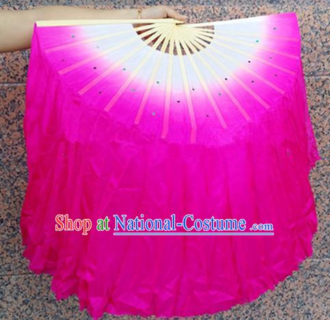 Pure Silk Traditional Chinese Fans Oriental Pink Ribbon Folding Fan Folk Dance Cultural Yangko Dance Hand Fan