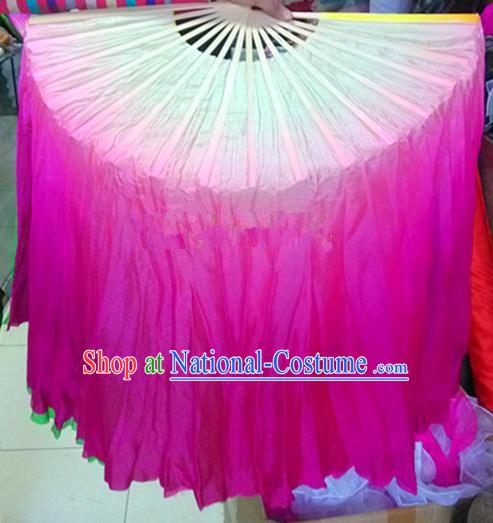 Pure Silk Traditional Chinese Fans Oriental Rosy Long Ribbon Folding Fan Folk Dance Cultural Yangko Dance Hand Fan