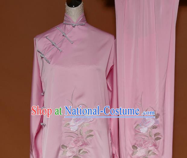 Top Grade Kung Fu Costume Asian Chinese Martial Arts Kung Fu Training Uniform, China Embroidery Peony Gongfu Shaolin Wushu Pink Clothing for Women