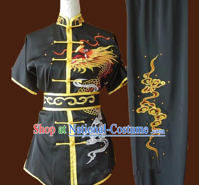 Top Grade Kung Fu Costume Asian Chinese Martial Arts Tai Chi Training Black Uniform, China Embroidery Dragon Gongfu Shaolin Wushu Clothing for Men