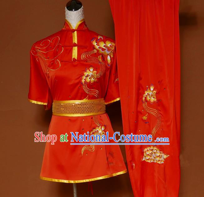 Top Grade Kung Fu Costume Asian Chinese Martial Arts Tai Chi Training Red Uniform, China Embroidery Gongfu Shaolin Wushu Clothing for Men