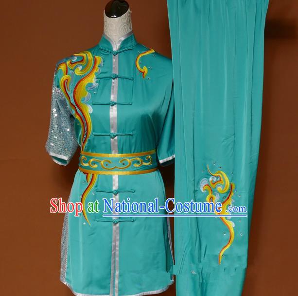 Top Grade Kung Fu Costume Asian Chinese Martial Arts Tai Chi Training Green Uniform, China Embroidery Gongfu Shaolin Wushu Clothing for Men for Women