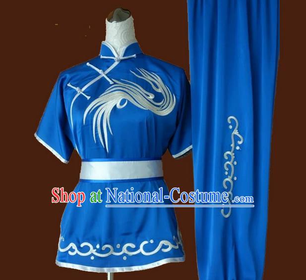 Asian Chinese Top Grade Silk Kung Fu Costume Martial Arts Tai Chi Training Suit, China Embroidery Gongfu Shaolin Wushu Blue Uniform for Women