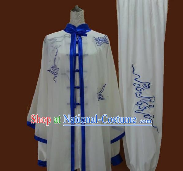 Asian Chinese Top Grade Silk Kung Fu Costume Martial Arts Tai Chi Training Suit, China Gongfu Shaolin Wushu Embroidery Blue Uniform for Women