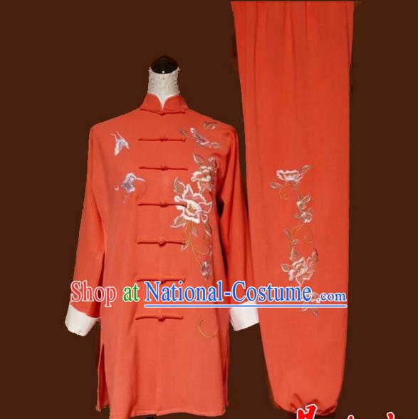 Asian Chinese Top Grade Linen Kung Fu Costume Martial Arts Tai Chi Training Suit, China Gongfu Shaolin Wushu Embroidery Butterfly Peony Orange Uniform for Women