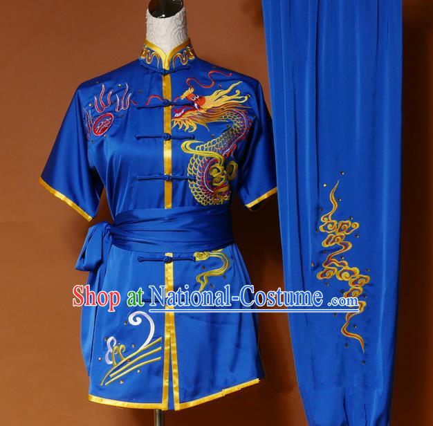 Top Grade Kung Fu Silk Costume Asian Chinese Martial Arts Tai Chi Training Royalblue Short Sleeve Uniform, China Embroidery Dragon Gongfu Shaolin Wushu Clothing for Men