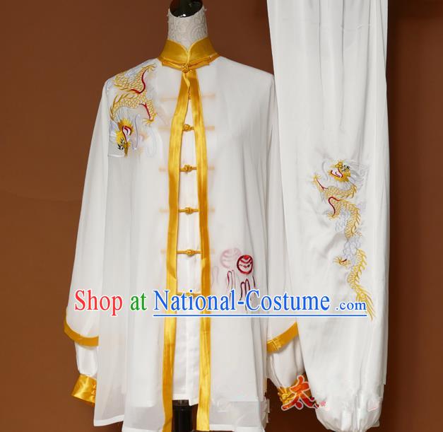 Top Grade Kung Fu Silk Costume Asian Chinese Martial Arts Tai Chi Training Uniform, China Embroidery Yellow Dragon Gongfu Shaolin Wushu Clothing for Men for Women