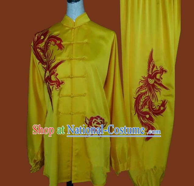 Top Grade Kung Fu Silk Costume Asian Chinese Martial Arts Tai Chi Training Yellow Uniform, China Embroidery Phoenix Gongfu Shaolin Wushu Clothing for Men for Women