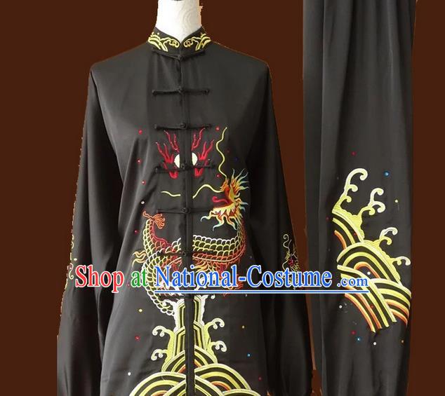 Asian Chinese Top Grade Silk Kung Fu Costume Martial Arts Tai Chi Training Suit, China Gongfu Shaolin Wushu Embroidery Dragon Black Uniform for Men