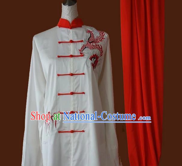 Asian Chinese Top Grade Silk Kung Fu Costume Martial Arts Tai Chi Training Suit, China Gongfu Shaolin Wushu Embroidery Red Dragon Uniform for Men