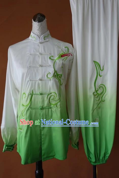 Asian Chinese Top Grade Silk Kung Fu Costume Martial Arts Tai Chi Training Suit, China Gongfu Shaolin Wushu Embroidery Green Uniform for Men