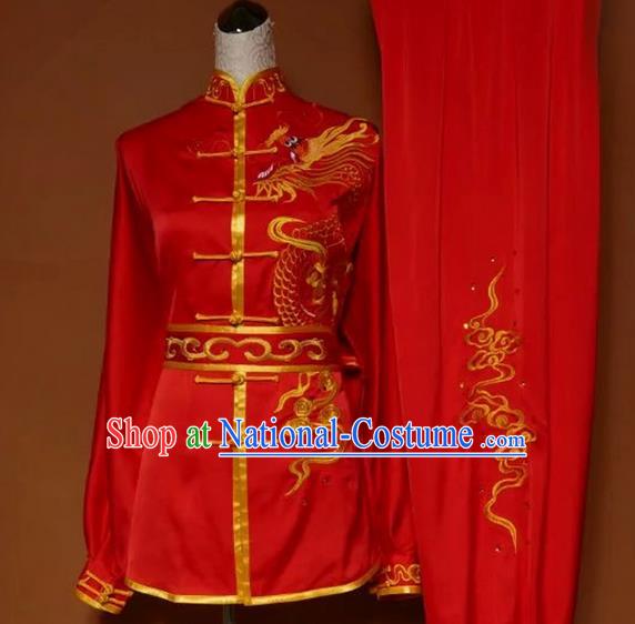 Asian Chinese Top Grade Linen Kung Fu Costume Martial Arts Tai Chi Training Suit, China Gongfu Shaolin Wushu Embroidery Dragon Red Uniform for Men