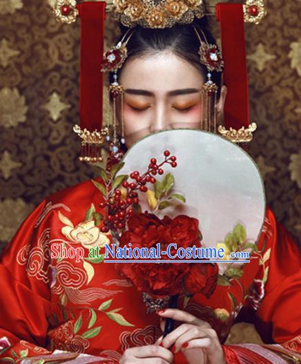 Traditional Chinese Crafts Round Fan China Wedding Fan Imperial Consort Bride Flowers Fans for Women