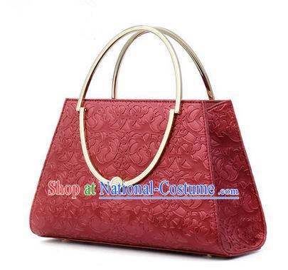 Traditional Handmade Asian Chinese Element Knurling Vines Flower Bags Shoulder Bag National Red Handbag for Women