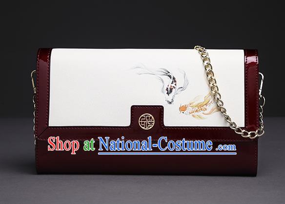 Traditional Handmade Asian Chinese Element Clutch Bags Folding Wallet National Printing Fish Red Chain Handbag for Women