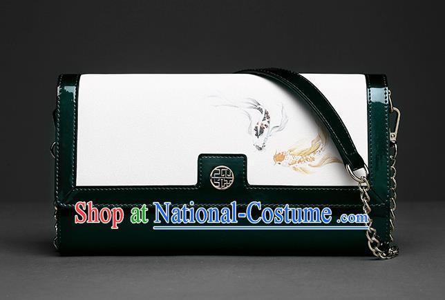 Traditional Handmade Asian Chinese Element Clutch Bags Folding Wallet National Printing Fish Deep Green Chain Handbag for Women