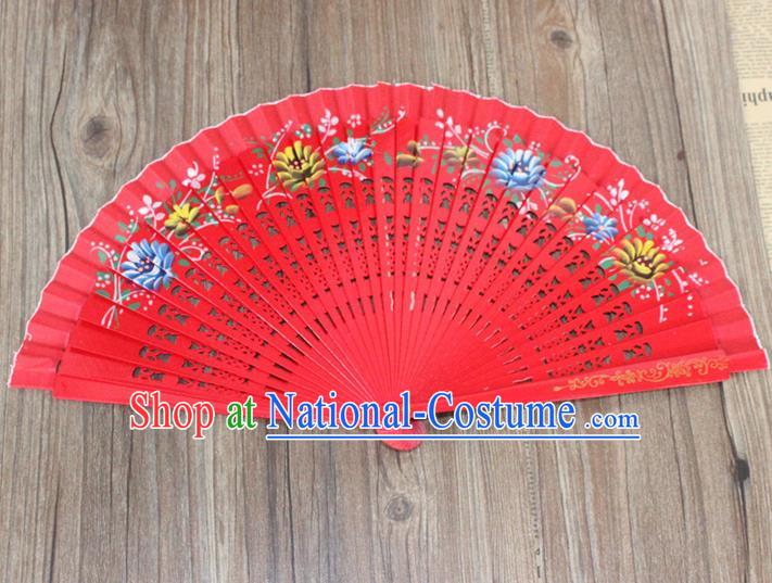 Traditional Chinese Crafts Beauty Folding Fan China Palace Red Fan Imperial Consort Wood Bride Fans for Women