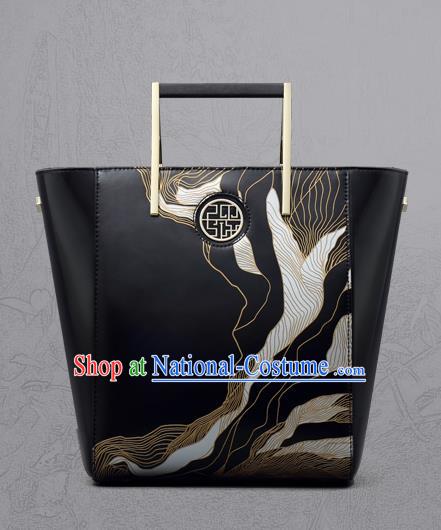 Traditional Handmade Asian Chinese Element Clutch Bags Shoulder Bag National Black Engraving Handbag for Women