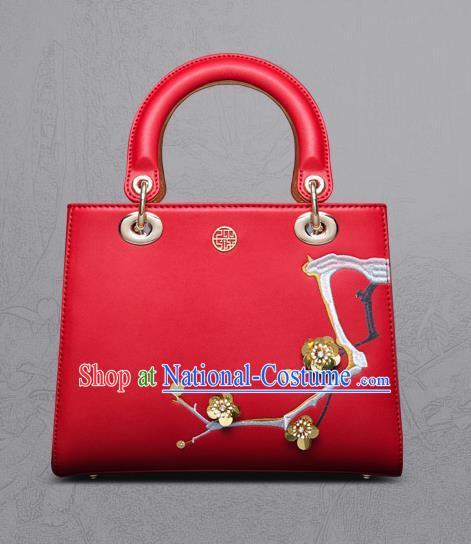 Traditional Handmade Asian Chinese Element Clutch Bags Shoulder Bag Embroidery Plum Blossom National Red Handbag for Women